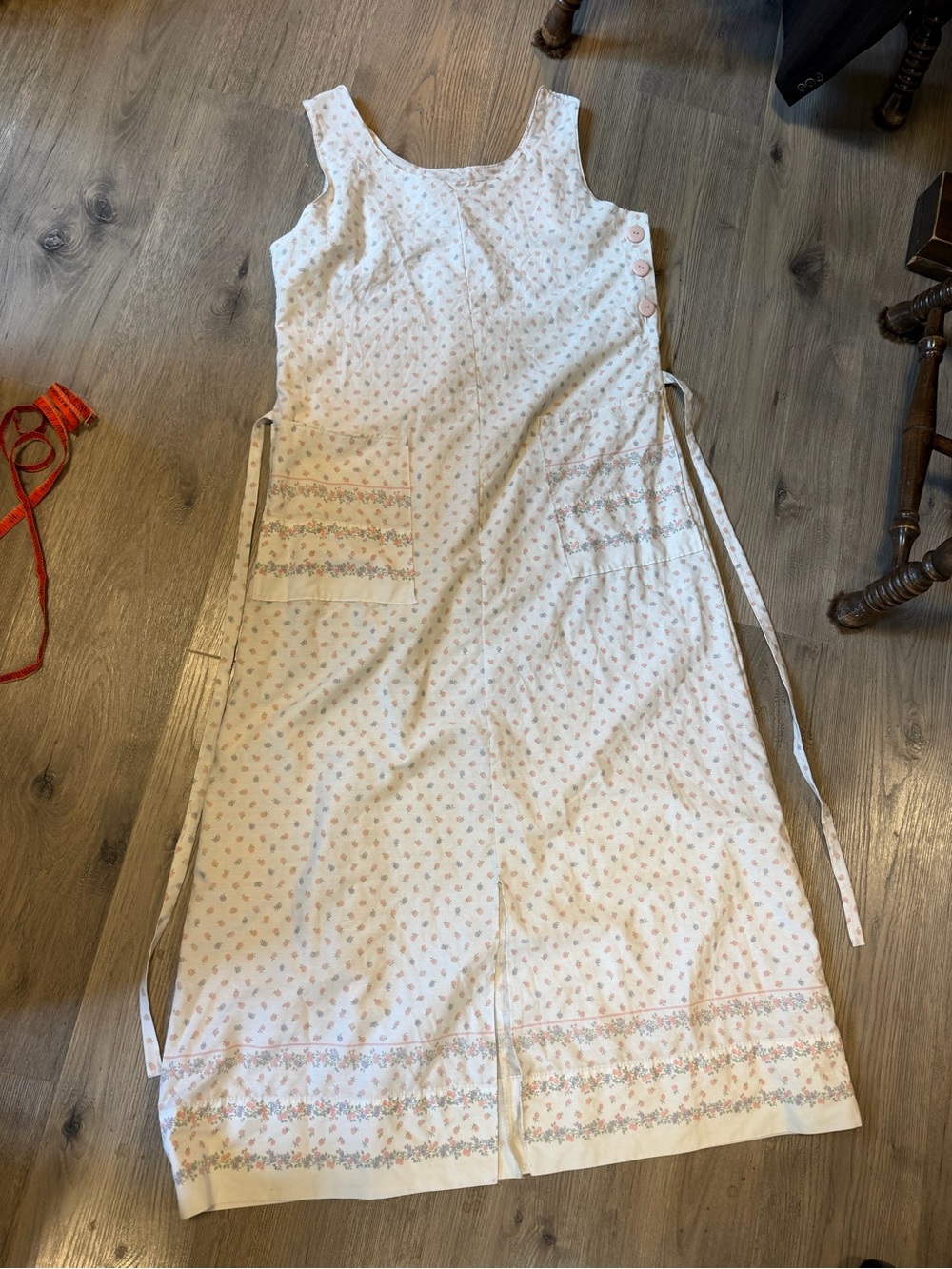 Vintage handmade Floral Apron Dress in Cream with Pink Accent